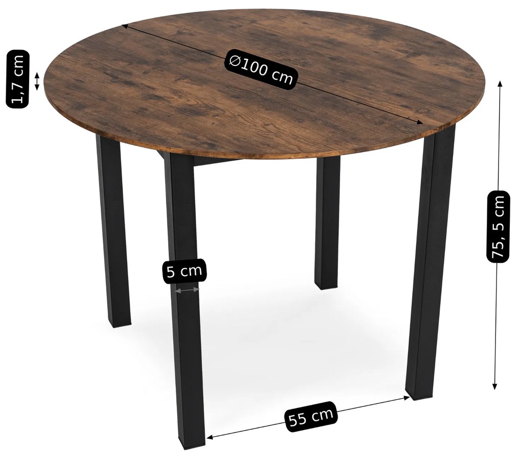 Zestaw Stół Okrągły TEO 100 cm Dąb Rustykalny/Czarny i 4 Krzesła Tapicerowane RICK 2 Czarne Nowoczesne Loft