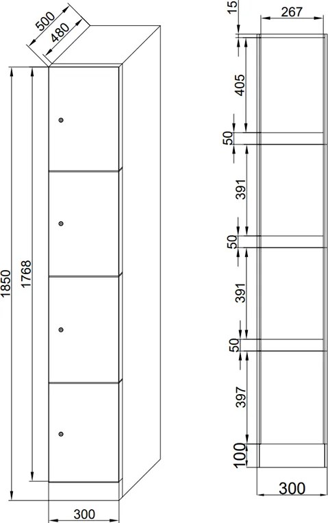 Szafka skrytkowa S1, 4 schowki, 1850 x 300 x 500 mm, zamek cylindryczny, drzwi laminowane, brzoza