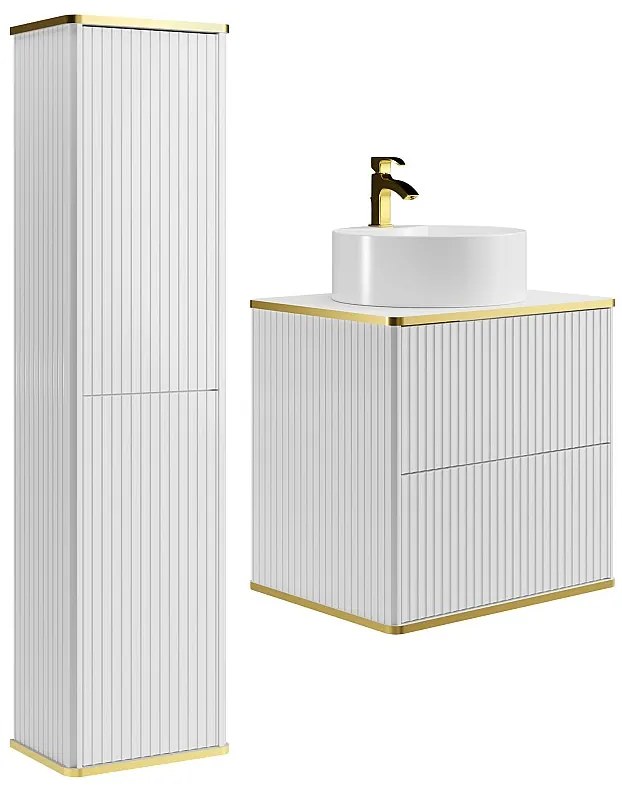 Podwieszana szafka łazienkowa prążkowana  z okrągłą umywalką nablatową i słupkiem - Biały - 60 cm - KELIZA