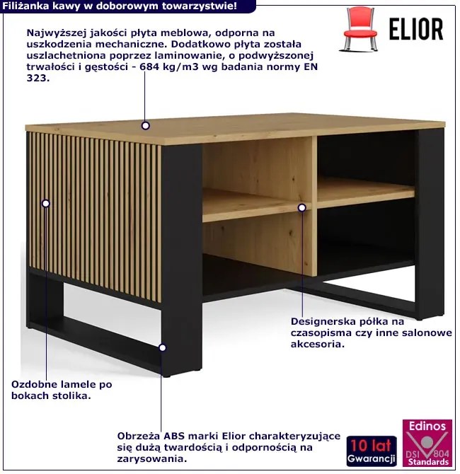 Stolik kawowy z lamelami dąb artisan + czarny - Renfi 7X