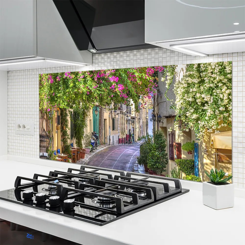 Panel Szklany do Kuchni Malownicza Uliczka w Kwiatach