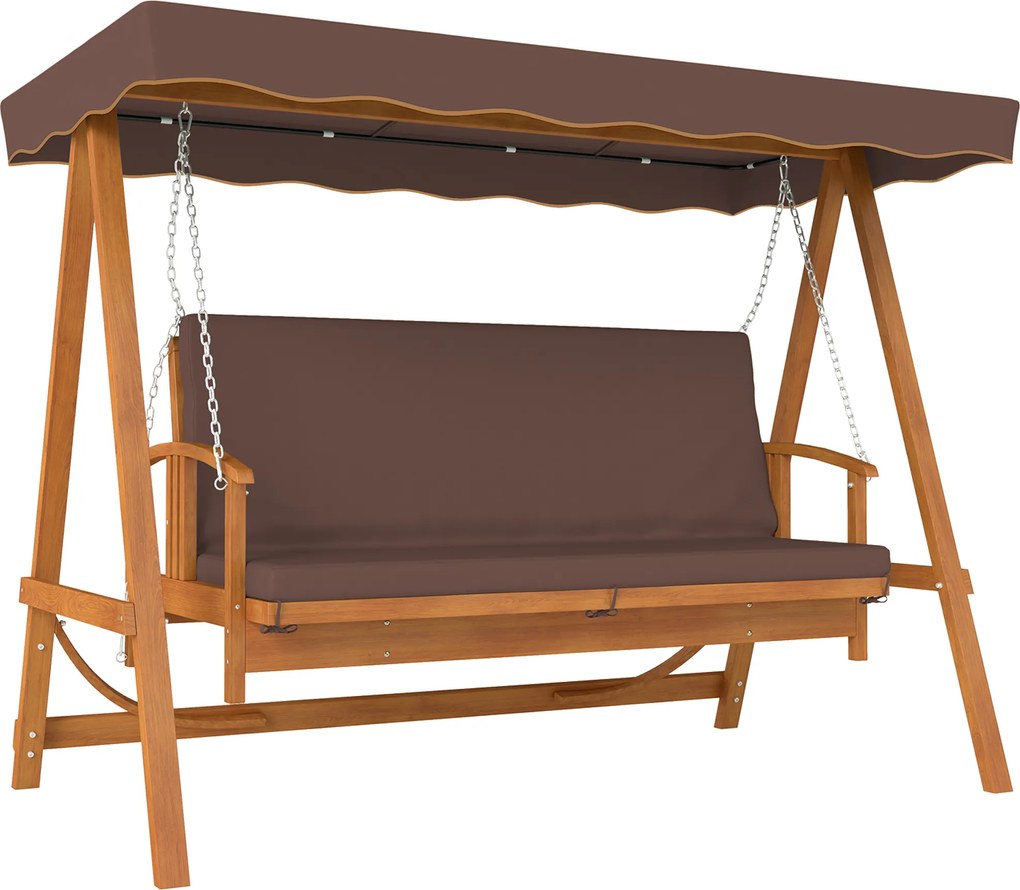 Outsunny Huśtawka Ogrodowa z Daszkiem, Drewniana, z Funkcją Leżanki, na 3 Osoby, Brąz