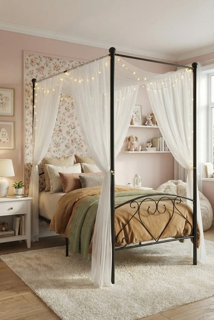 Czarne metalowe łóżko z baldachimem 90x200 cm F0-K18