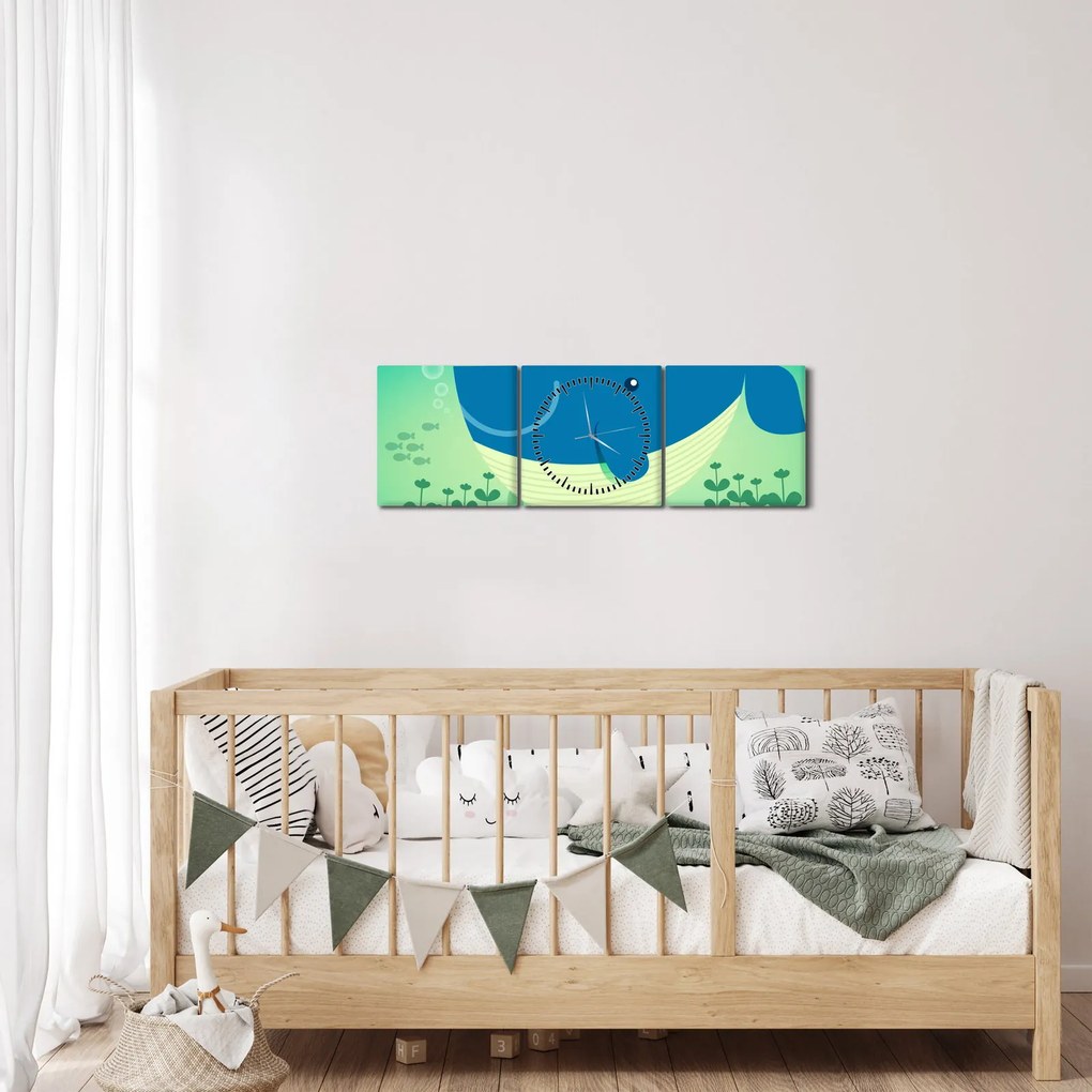 Obraz - Wesoły wieloryb w morzu (z zegarem) (90x30 cm)