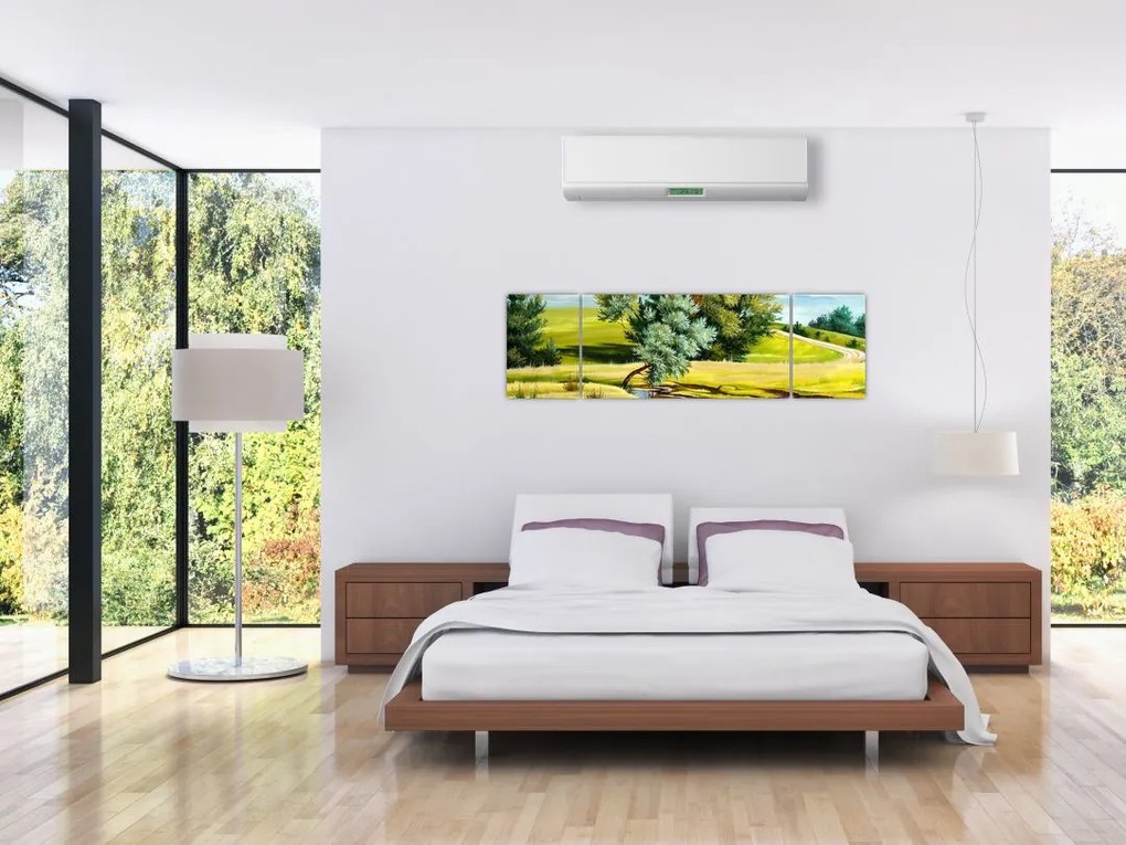 Obraz - rzeka między łąkami, obraz olejny (170x50 cm)