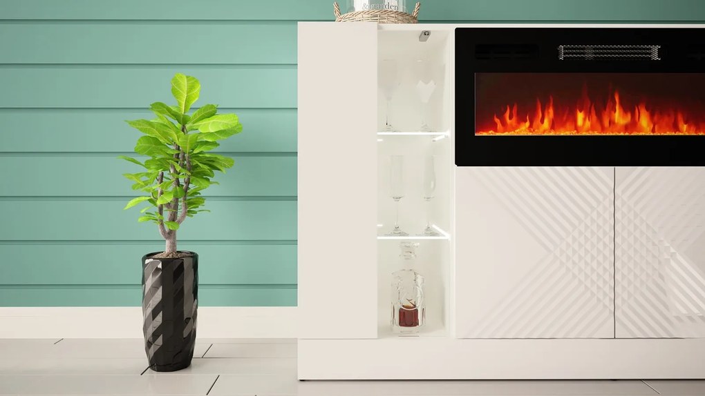 Biała komoda z kominkiem elektrycznym i oświetleniem Diuna 1