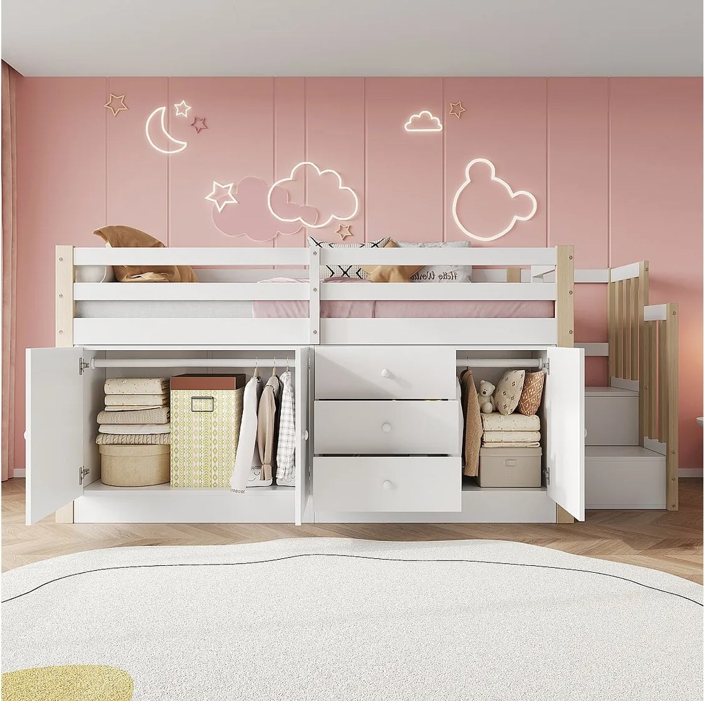 Łóżko dziecięce średniej wysokości - 90 x 200 cm - ze schodami + 3 szuflady - 2 szafy - białe