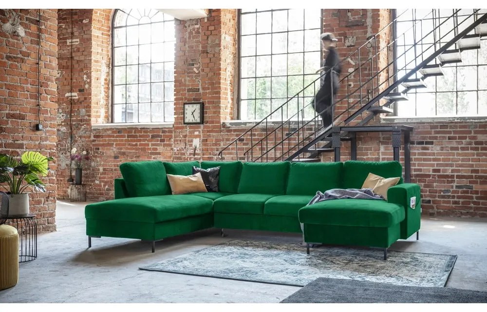 Zielona aksamitna rozkładana sofa w kształcie litery "U" Miuform Lofty Lilly, lewostronna