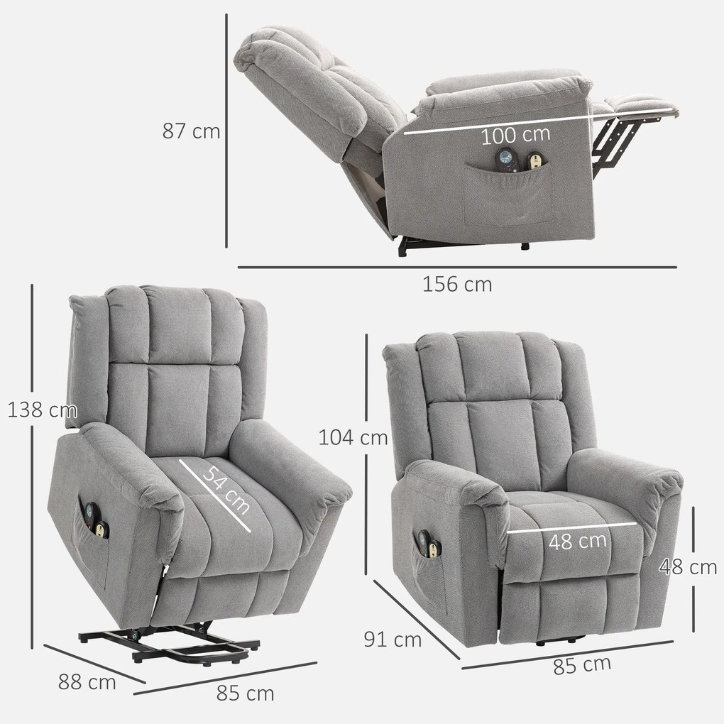HOMCOM Fotel z Powerlift, Masujący z Funkcją Ciepła, Fotel z Podnóżkiem i Boczną Kieszenią, Obicie z Tkaniny, Ciemnoszary
