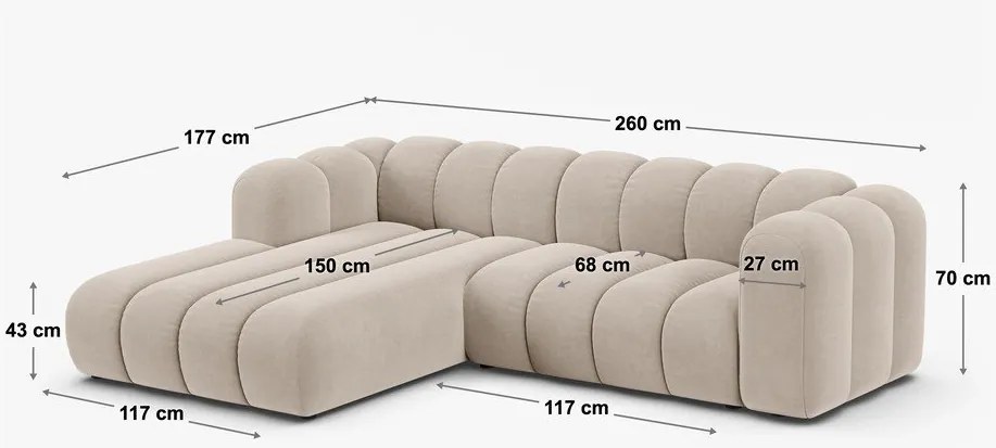 Kremowy narożnik z tkaniny szenilowej (prawostronny/z szezlongiem) Lupine – Micadoni