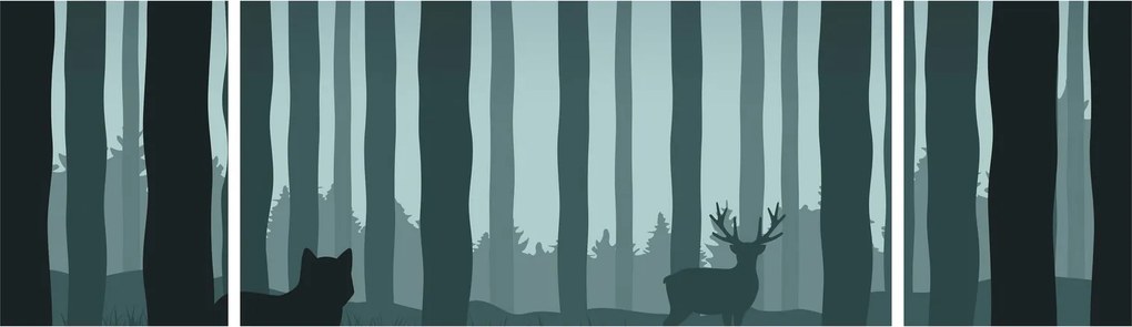 Obraz - Jeleń z wilkiem w skałach (170x50 cm)