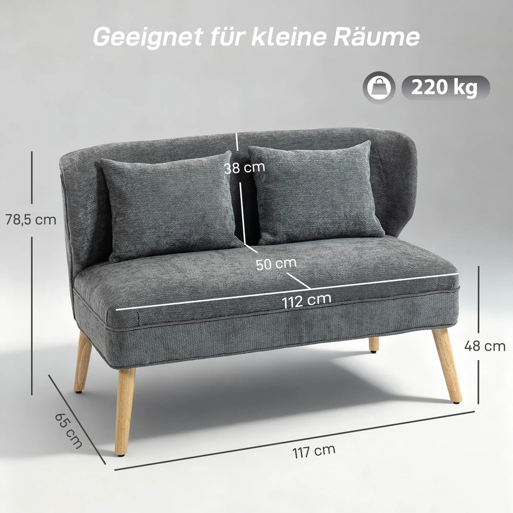 HOMCOM 2-osobowa sofa, mała sofa z chenille, oparcie skrzydłowe, grube siedzisko, nogi z drewna kauczukowego, szara | Aosom PL