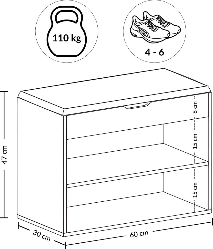 Szafka na buty z siedziskiem LEVA, 60 x 30 x 47 cm