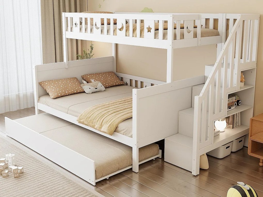 Łóżko piętrowe dla dzieci 90/140x200 cm + łóżko wysuwane 90x190 cm - z litego drewna - z schodami do przechowywania - Białe
