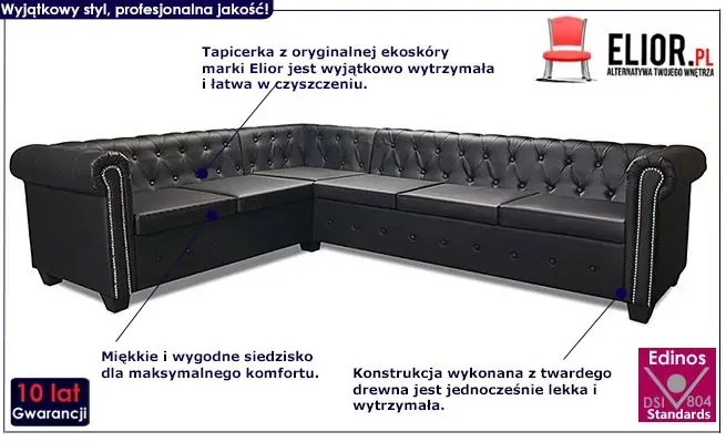 6-osobowy czarny narożnik w stylu Chesterfield - Xavier 6Q