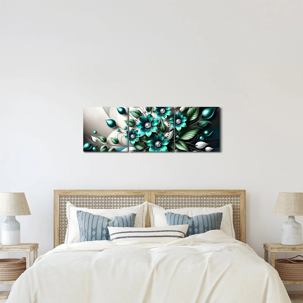Obraz - 3D turkusowe kwiaty (z zegarem) (90x30 cm)