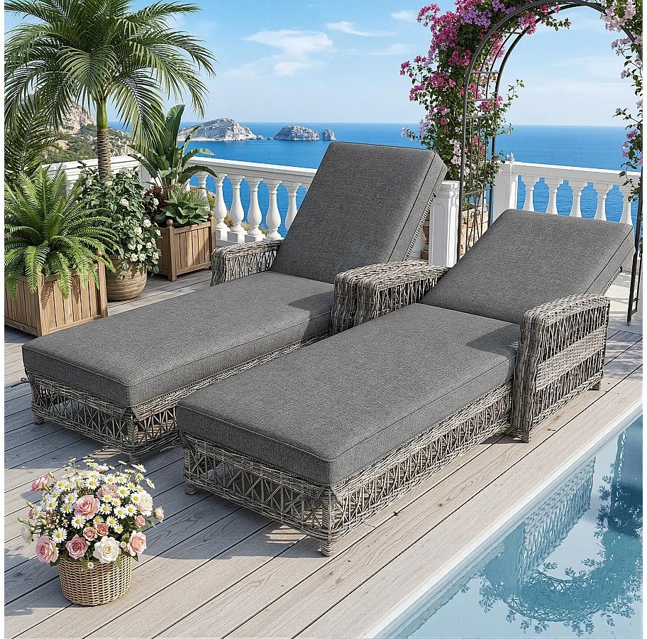 Leżak Regulowany w 4 Pozycjach na Taras z Odpornością na Warunki Atmosferyczne i Rdzawe Rattanowe, 2 osoby, Szary