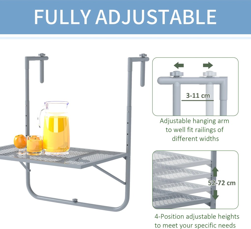 Outsunny Składany stół balkonowy, 4-stopniowo regulowany, metalowy, odporny na warunki atmosferyczne, stół balkonowy 60x40 cm szary | Aosom PL