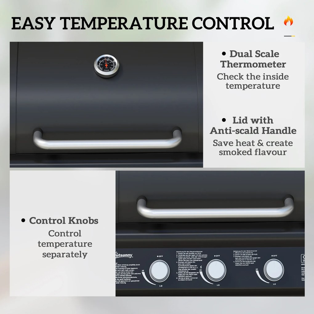 Outsunny Mobilny grill gazowy z przestrzenią do przechowywania, bocznym stołem, palnikiem bocznym, rusztem do podgrzewania, termometrem, ze stali nierdzewnej, czarny