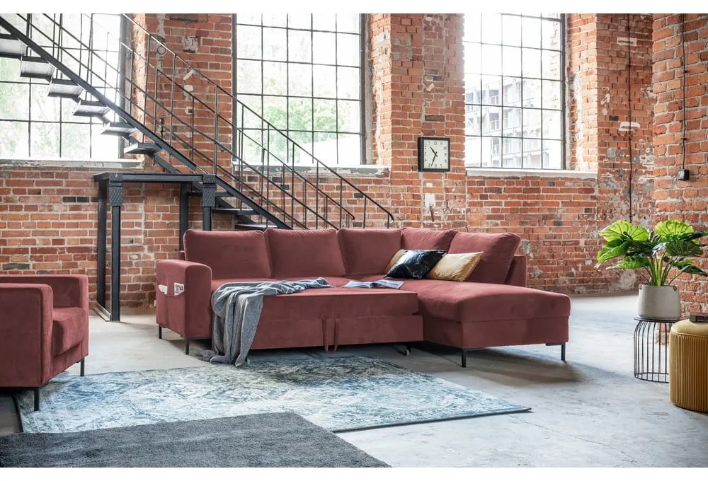 Różowy aksamitny rozkładany narożnik (prawostronny) Lofty Lilly – Miuform