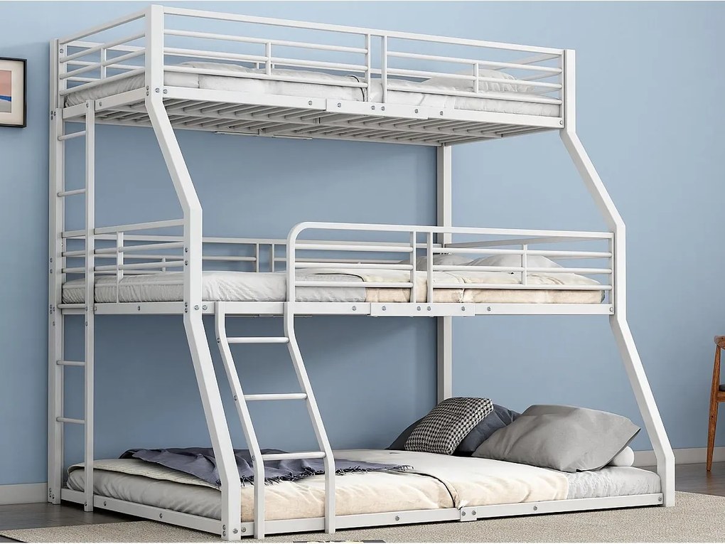 Łóżko piętrowe potrójne - 2x90x200cm i 140x200cm - rama z żelaza - Białe