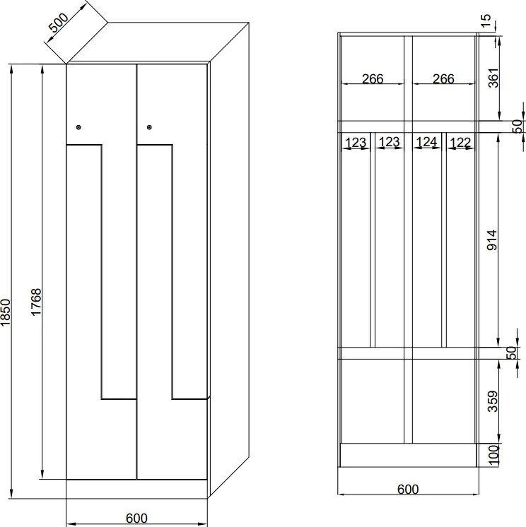 Metalowa szafka ubraniowa S1 Z, 4-drzwiowa, 1850 x 600 x 500 mm, zamek obrotowy, drzwi laminowane, orzech