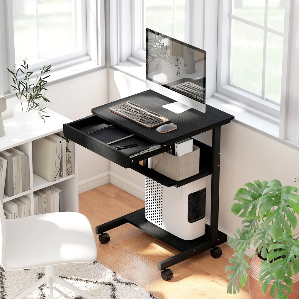 HOMCOM Biurko PC z szufladą i 2 półkami na 4 kółkach, z drewna i metalu, 56x51x79 cm, czarne | Aosom PL