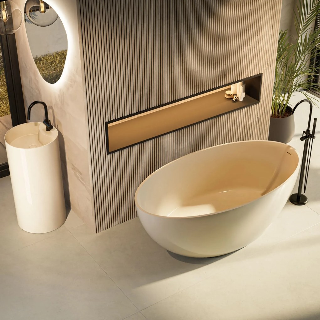 Umywalka z konglomeratu wolnostojąca okrągła beżowa błyszcząca 87 x 44 cm KALMI BEIGE GLOW z otworem na baterię : Podłączenie syfonu - Do podłogi