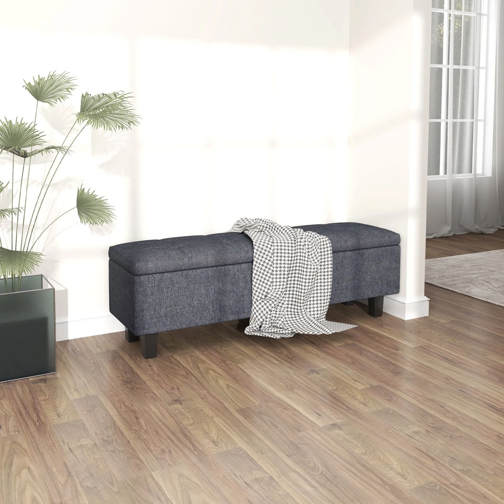 HOMCOM Tapicerowana Ławka z Miejscem do Przechowywania w Wyglądzie Lnu, z Nogami z Drewna Kauczukowego, do Salonu, Sypialni, Przedpokoju, Ciemnoszary