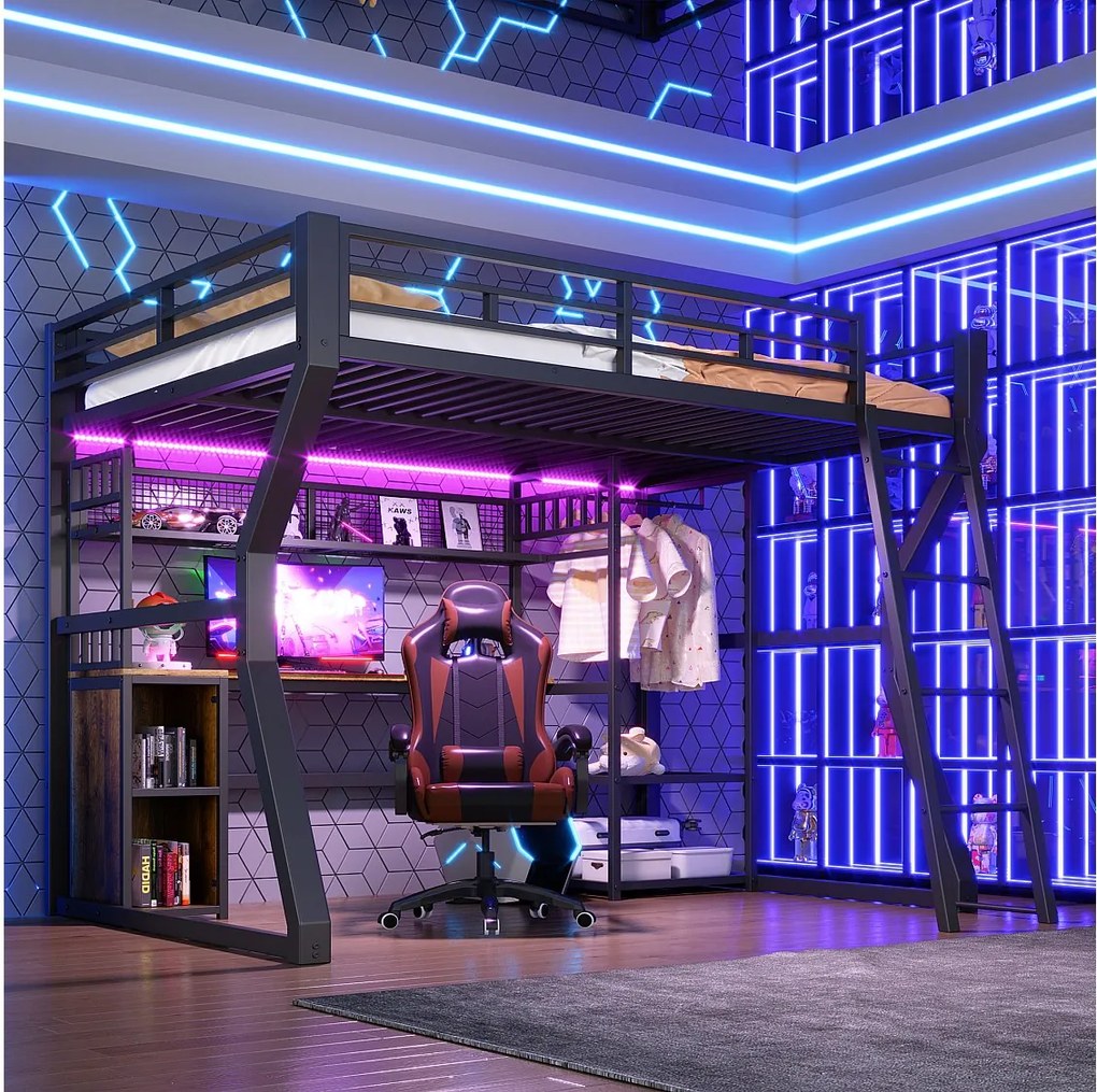 Łóżko piętrowe dla dzieci - 140 x 200 cm - rama żeliwna - z diodami LED + biurko + schowek + półki - płyta MDF + metal - kolor czarny