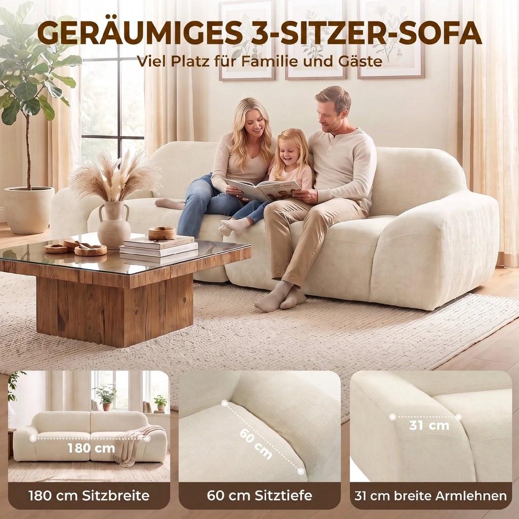 HOMCOM Sofa 3-osobowa, zaokrąglona i bezramowa, z przestronnym siedziskiem, grubo tapicerowana, bez montażu, kremowo-biała | Aosom PL
