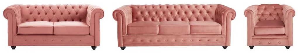 Kanapy 3-osobowa i 2-osobowa oraz fotel z weluru w kolorze pastelowy róż CHESTERFIELD