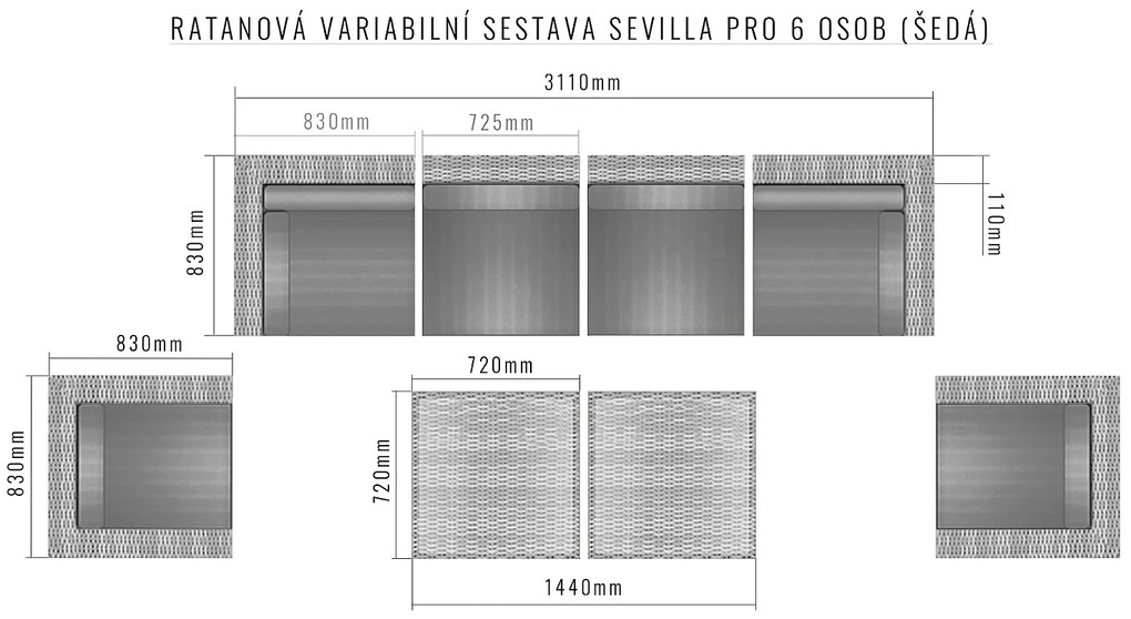 Rattanowy zestaw zmienny SEVILLA dla 6 osób (szary)
