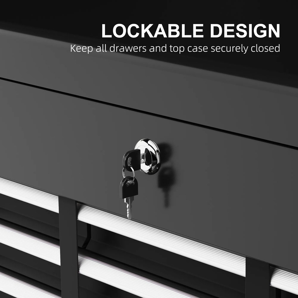 HOMCOM Skrzynka Narzędziowa z Zamkiem, 3 Szuflady, Obudowa Stalowa, 60x26x34cm, Czarna