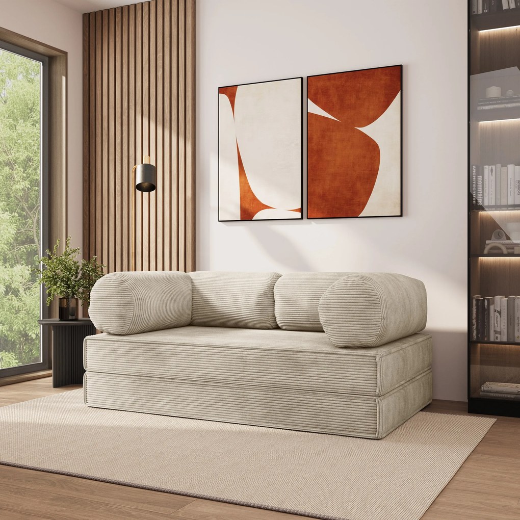Masseno Sofa piankowa ALVIO z funkcją spania, Kanapa z pianki do salonu, Bezmontażowa, Tkanina sztruksowa – Kremowy POSO 100