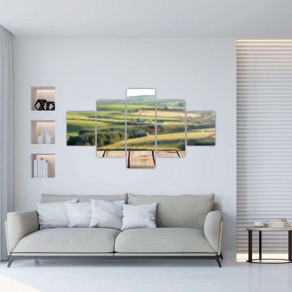 Obraz - Drewniana półka z krajobrazem (125x70 cm)