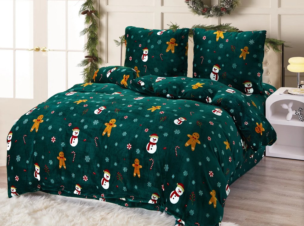 PrzytulneMieszkanie.pl PrzytulneMieszkanie.pl Pościel z mikropluszu SNOWMAN AND GINGERBREAD zielona Rozmiar pościeli: 70 x 90 cm | 140 x 200 cm
