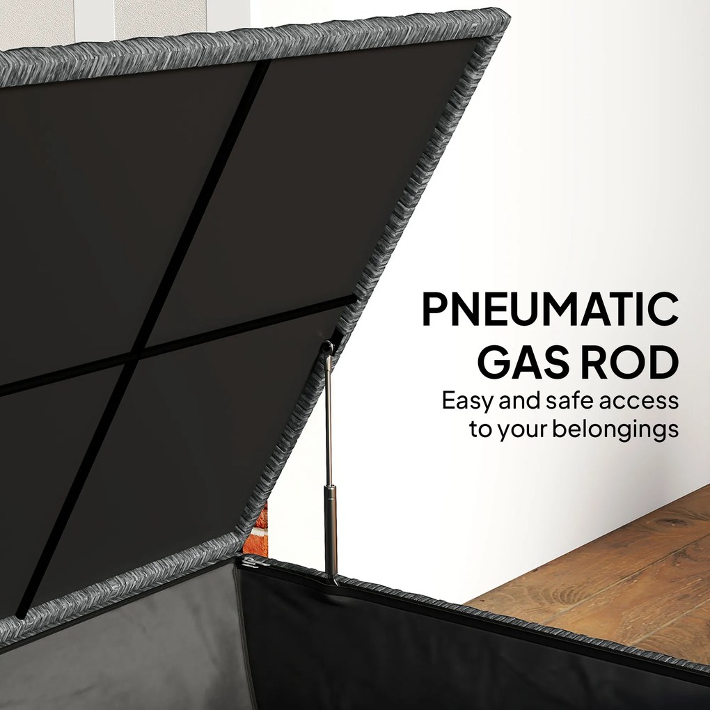 Outsunny Rattanowa skrzynia ogrodowa 650L wodoodporna, UV odporna, ze schowkiem, kółkami i pokrywą, 150 x 75 x 74 cm, ciemnoszara | Aosom PL