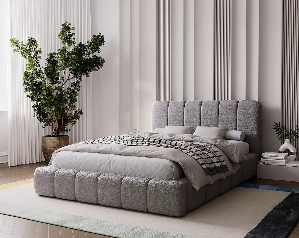 Emporius Milan łóżko tapicerowane 140x200 - pufiaste łóżko do sypialni, łóżko z pojemnikiem i stelażem - tkanina boucle, jasny szary (Anthology 15)