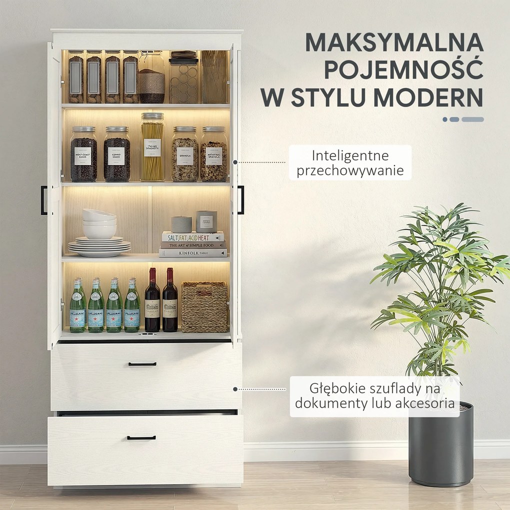 HOMCOM Samodzielnie stojąca szafka kuchenna z regulowanymi półkami i dwoma szerokimi szufladami do salonu, kuchni, Biała