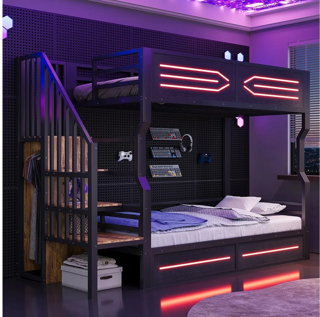 Łóżko piętrowe z kutego żelaza 90×200 cm - z drabiną z pojemnikami - z oświetleniem LED - z drabiną bezpieczeństwa - czarny​ (materac nie jest wliczony w cenę)