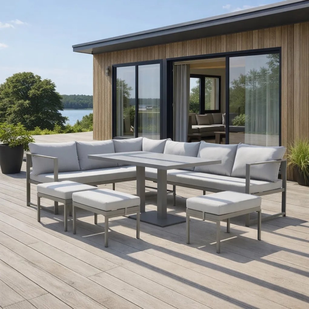 Narożnik ogrodowy Bellagio 004 z pufami i ławostołem, szary, poduszki szare