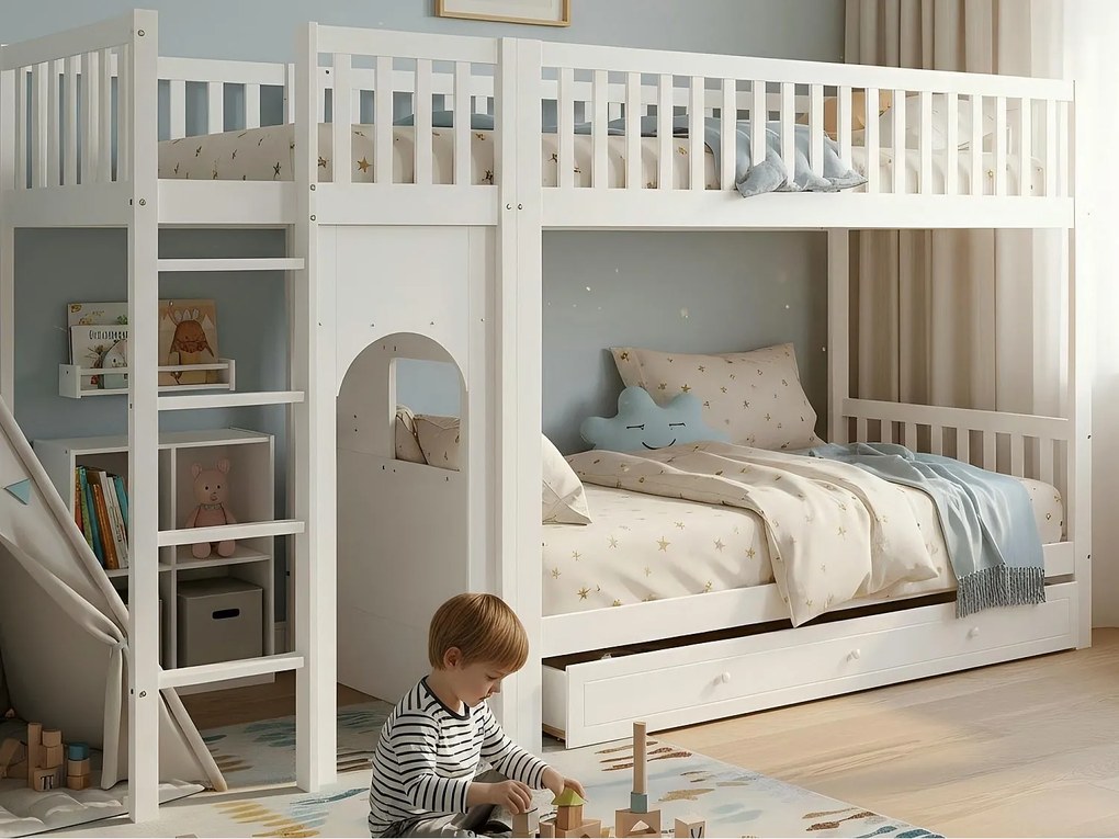 Łóżko piętrowe dziecięce 90x200 cm - z 1 dużą szufladą - z 4-stopniową drabiną - drewno lite + MDF - biały​ (bez materaca)