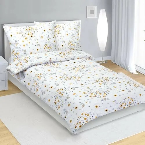 Bellatex Pościel z kory Kwiatki szary, żółty, 140 x 220 cm, 70 x 90 cm, 140 x 220 cm, 70 x 90 cm