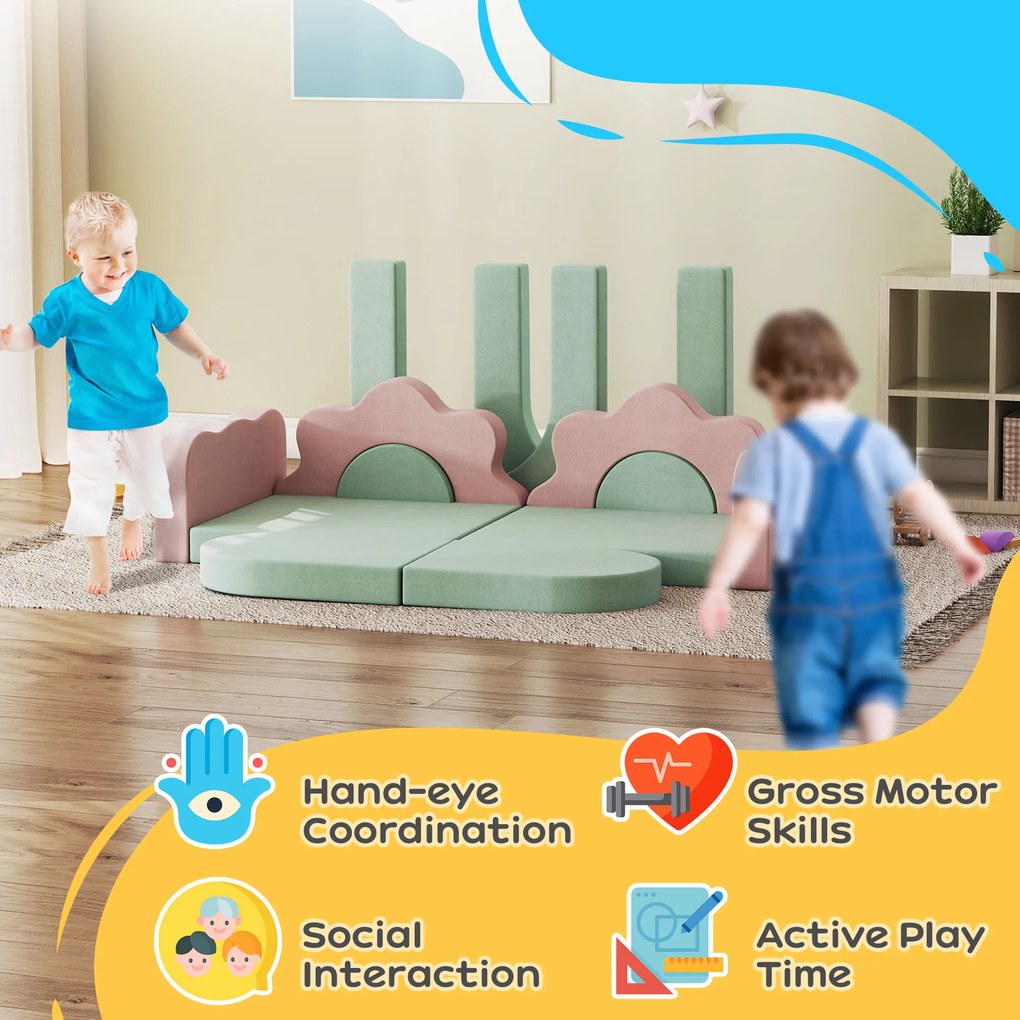 AIYAPLAY 12-częściowy zestaw klocków piankowych do wspinaczki, budowania, pełzania, maty do zabawy w pomieszczeniach z pokryciem z weluru, Zielony+Różowy