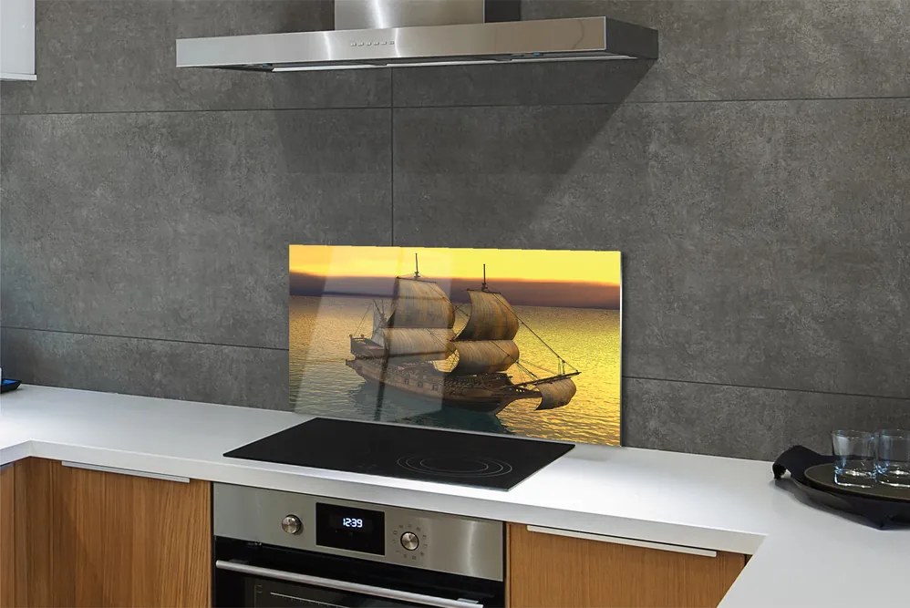 Szkło do Kuchni na Ścianę Statek o Złotym Poranku