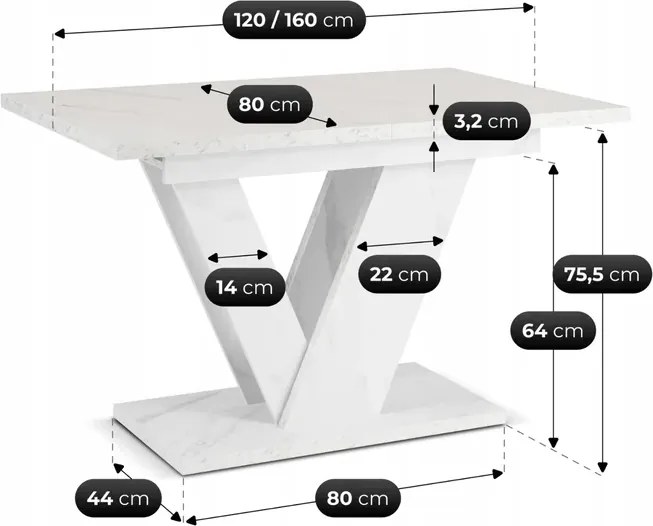 Stół Prostokątny Rozkładany CLARK 120-160 cm Biały Marmur Glamour