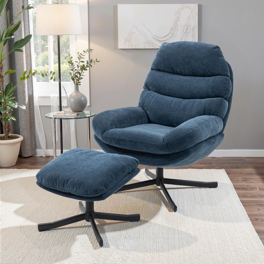 HOMCOM Fotel relaksacyjny z podnóżkiem, lounge z tkaniny chenille, nowoczesny fotel do oglądania TV, 78 x 93 x 100 cm, niebieski