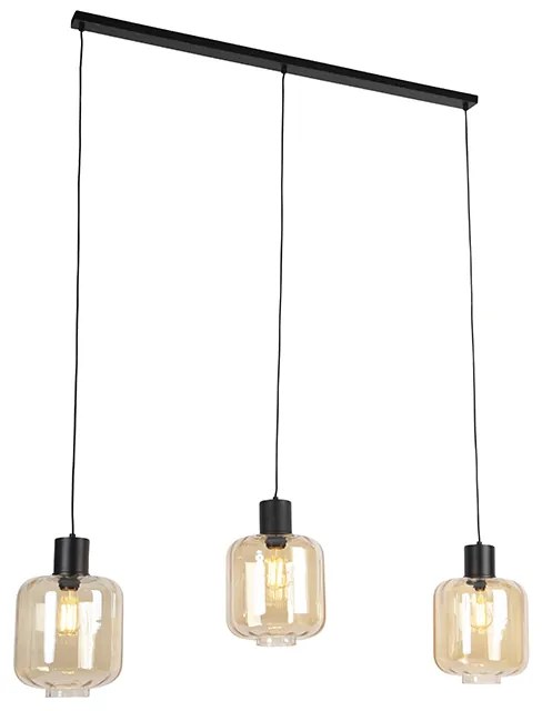 Designerska lampa wisząca czarna z bursztynowym szkłem 3-światła 161,5 cm - QaraDesignerski Oswietlenie wewnetrzne