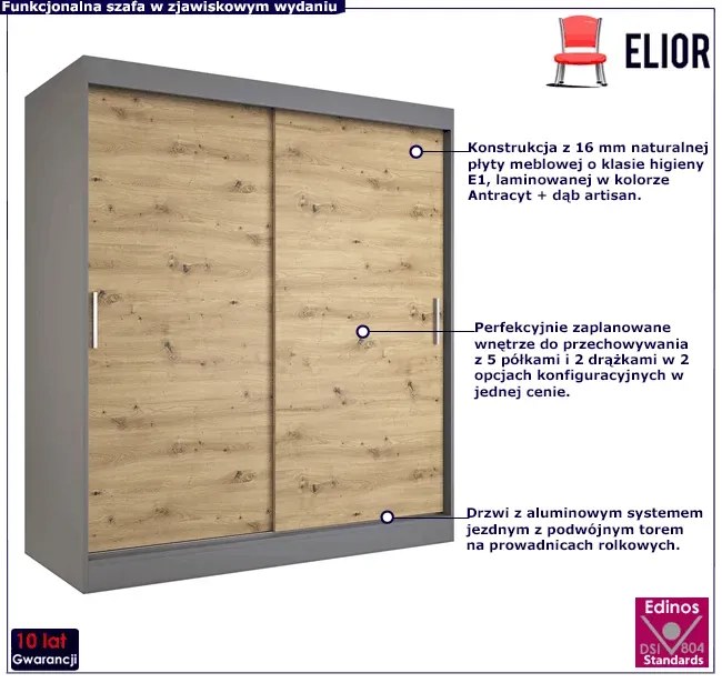 Szafa przesuwna 180 cm antracyt + dąb artisan P7-B02